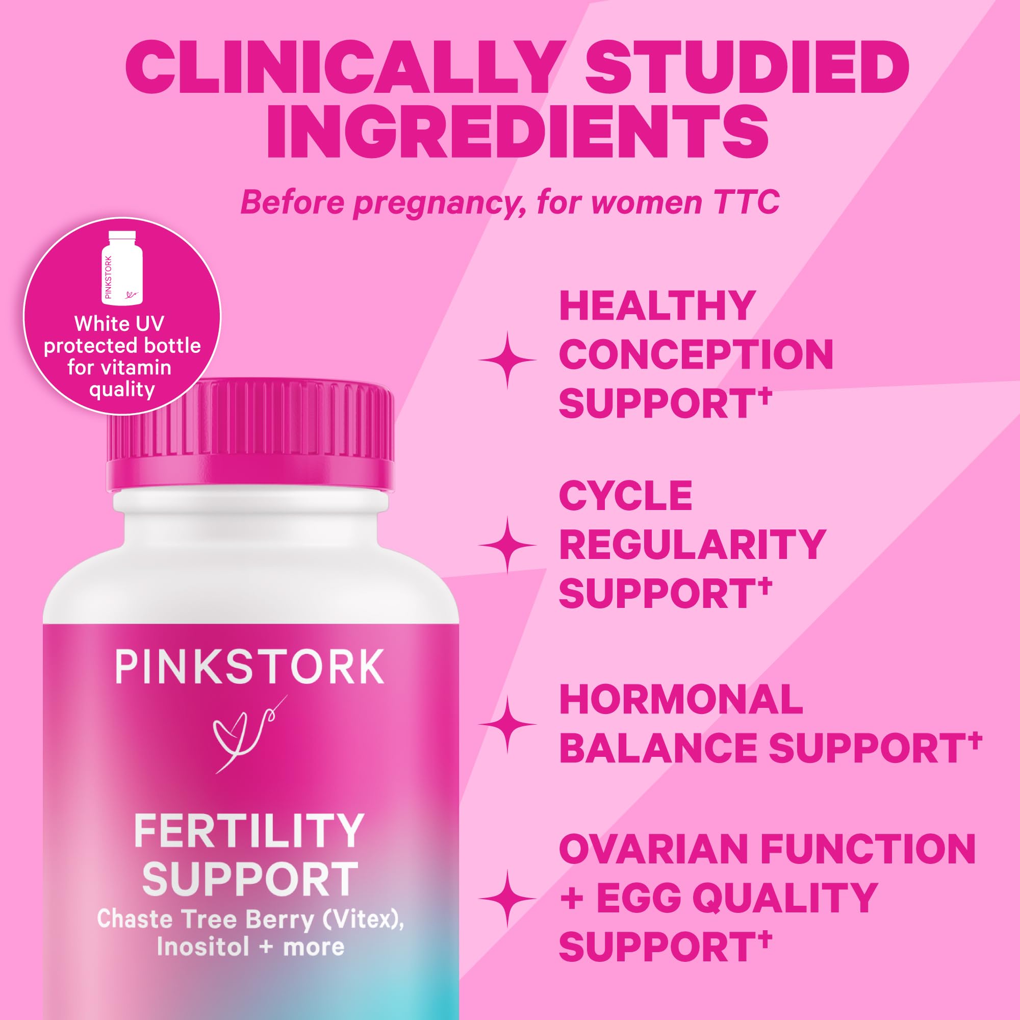 Pink Stork inositol tablets for daily balance and consistency.