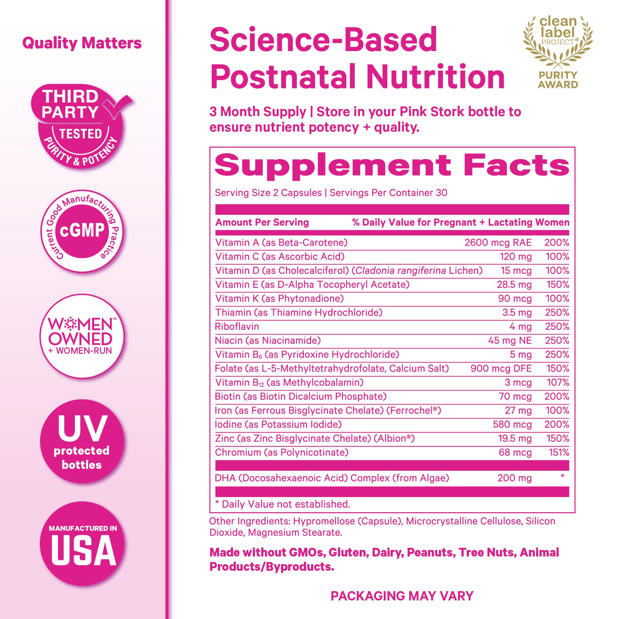 Pink Stork iron folate B vitamins panel representing essential daily nutrition.