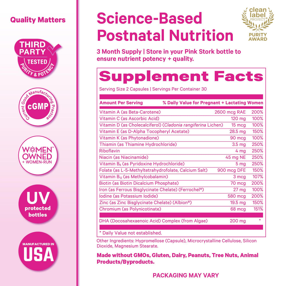 Pink Stork iron folate B vitamins panel representing essential daily nutrition.