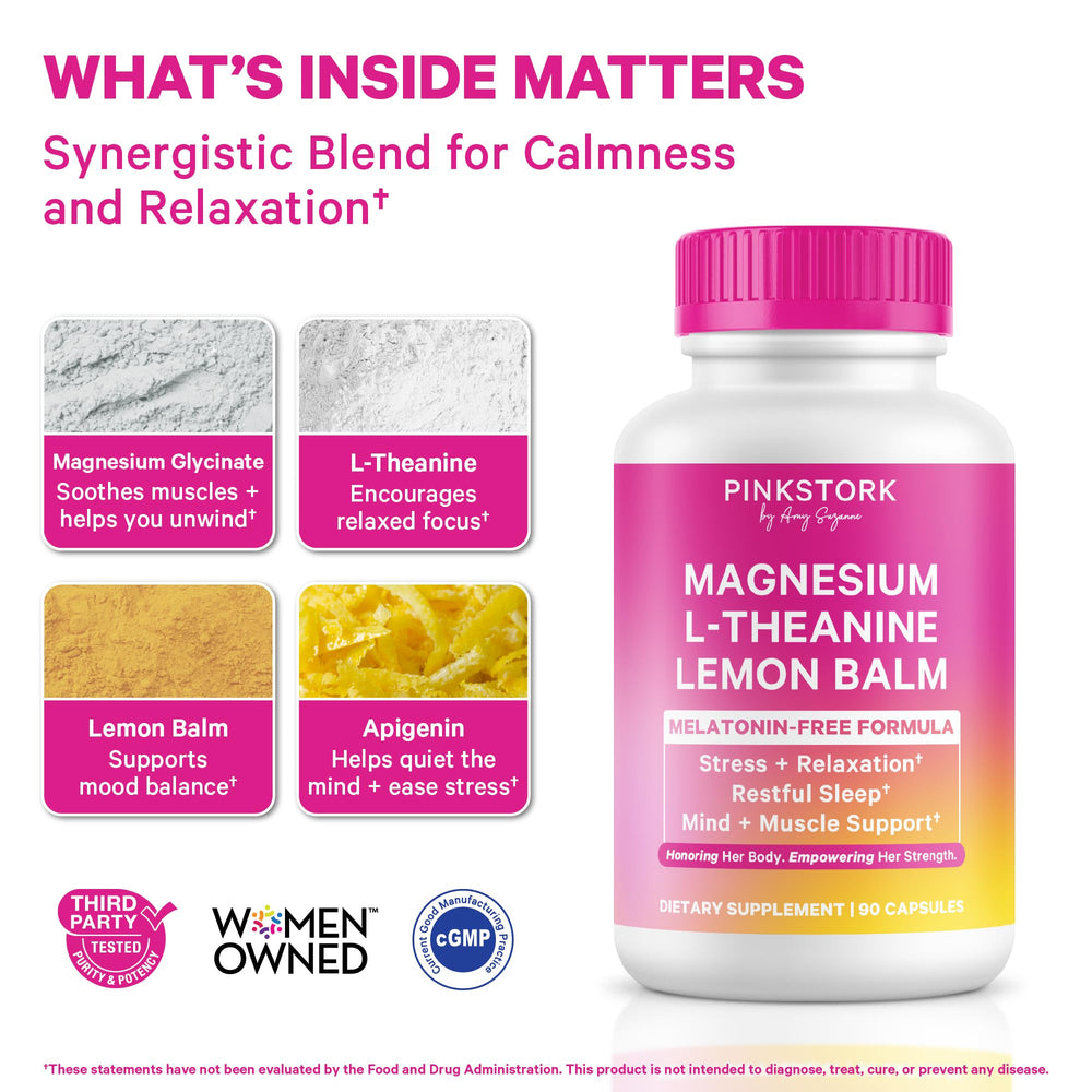 Pink Stork L-Theanine ingredient close-up promoting daytime calm and clarity.