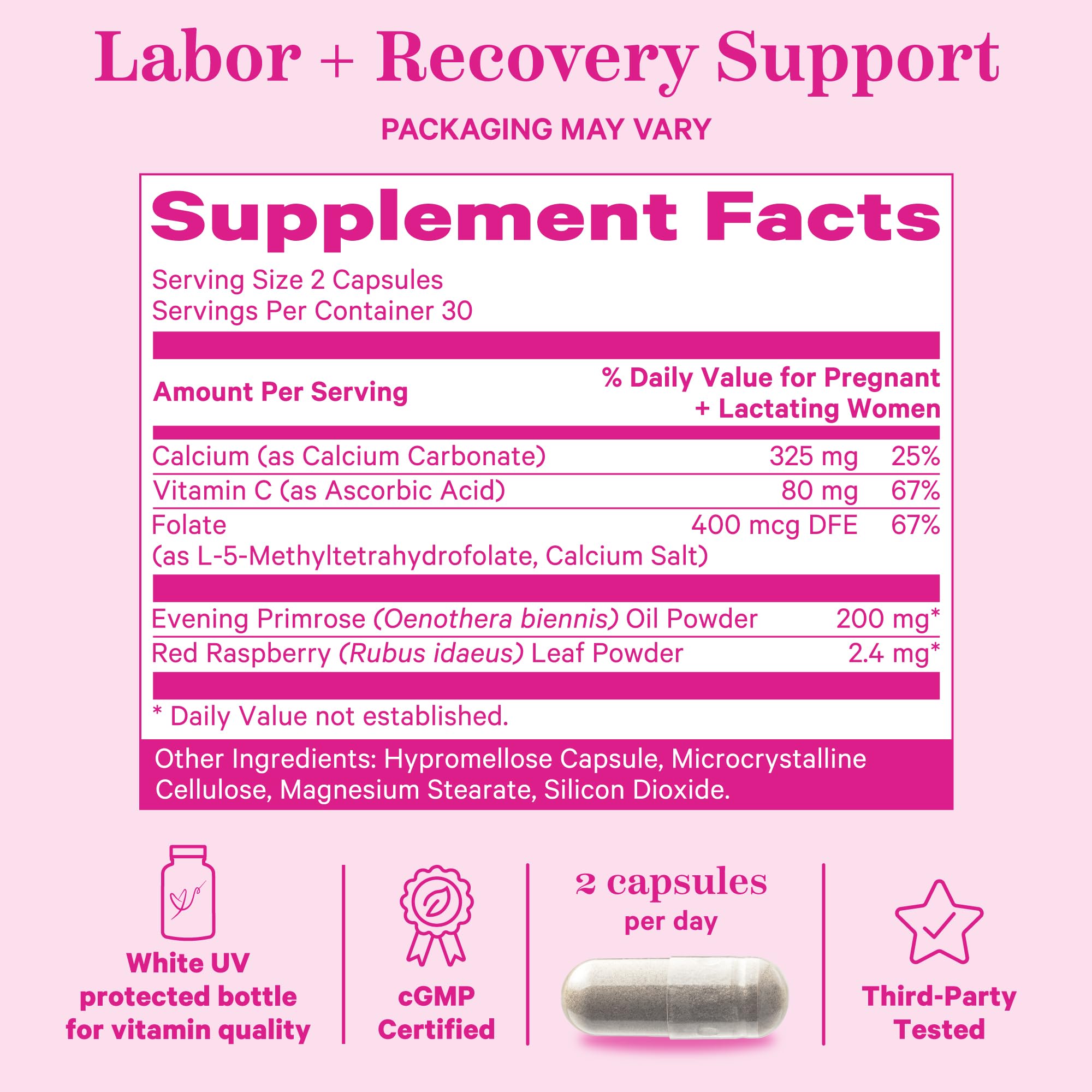 Pink Stork Labor Prep bottle nutrition panel lists folate vitamin C and calcium
