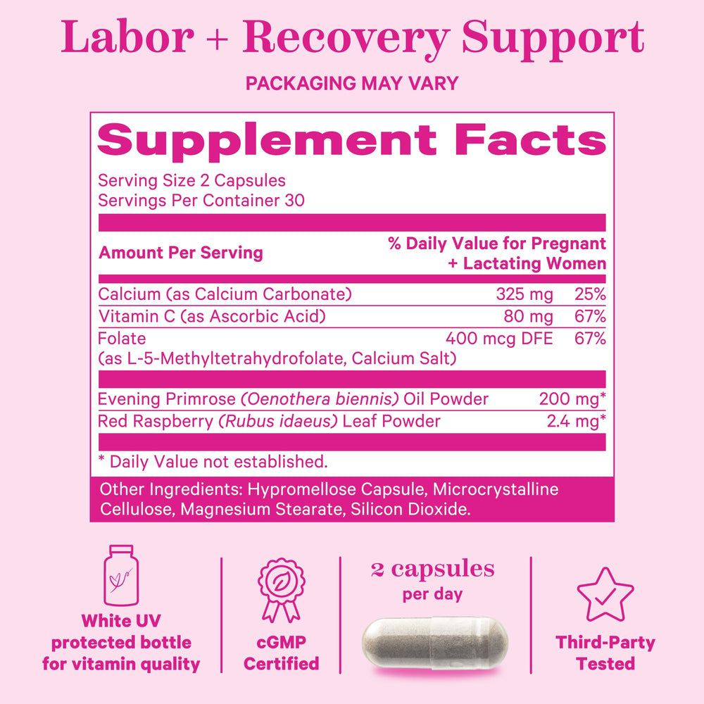 Pink Stork Labor Prep bottle nutrition panel lists folate vitamin C and calcium
