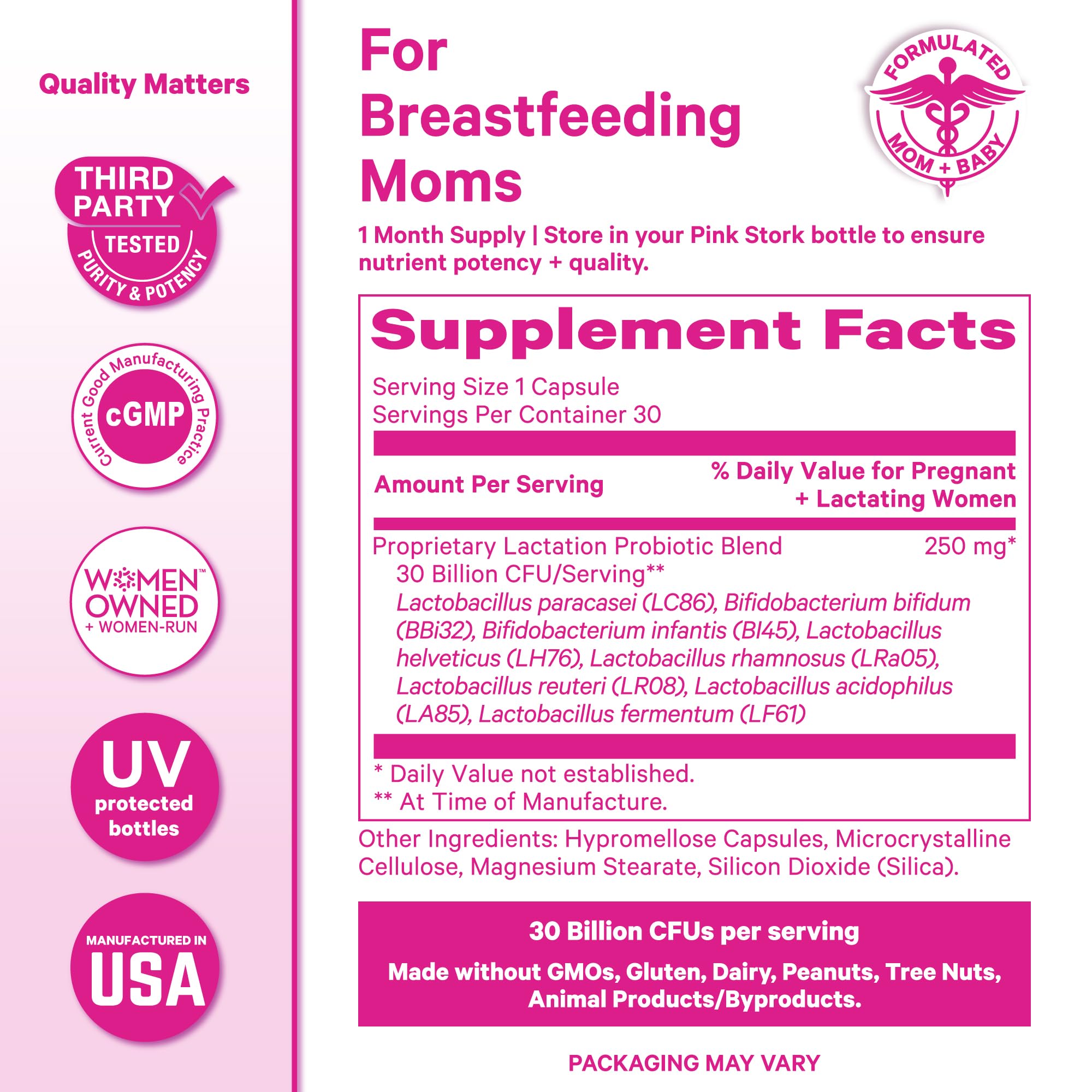 Pink Stork Lactation Probiotic third-party seal communicates trusted quality