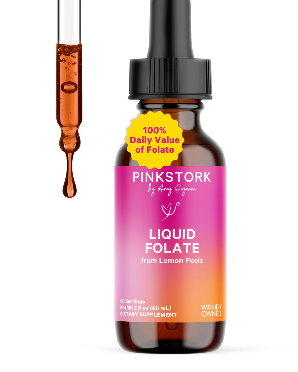 Pink Stork Liquid Folate Drops bottle label highlighting methylfolate from lemon peel.