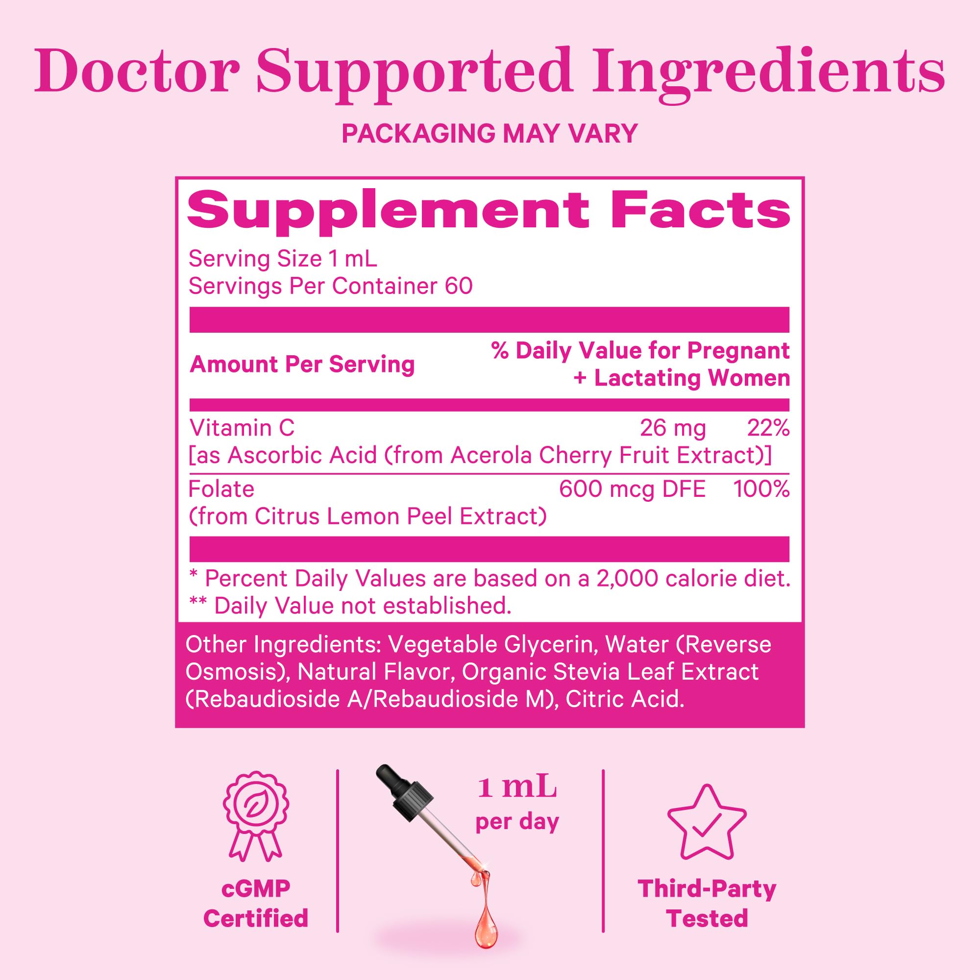 Pink Stork Liquid Folate Drops added to water for simple mixing.