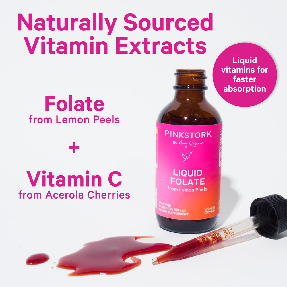 Pink Stork Liquid Folate Drops lemon-peel origin close-up showing methylfolate source.