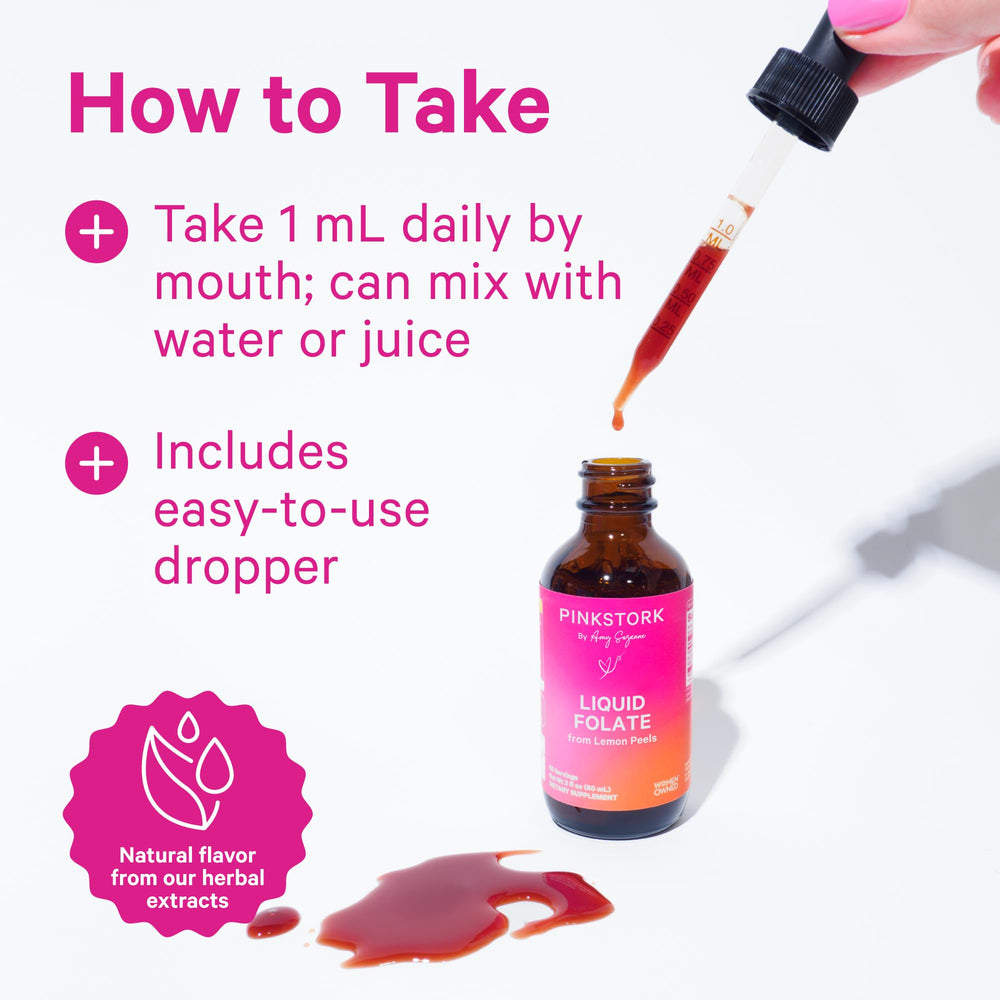 Pink Stork Liquid Folate Drops vegan non-GMO badge highlights clean ingredients.