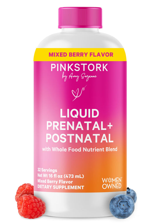 Pink Stork Liquid Prenatal Berry bottle showing simple daily dosing for prenatal nutrition.