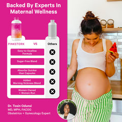 Pink Stork Liquid Prenatal Berry bottle with dosing spoon for convenient use.
