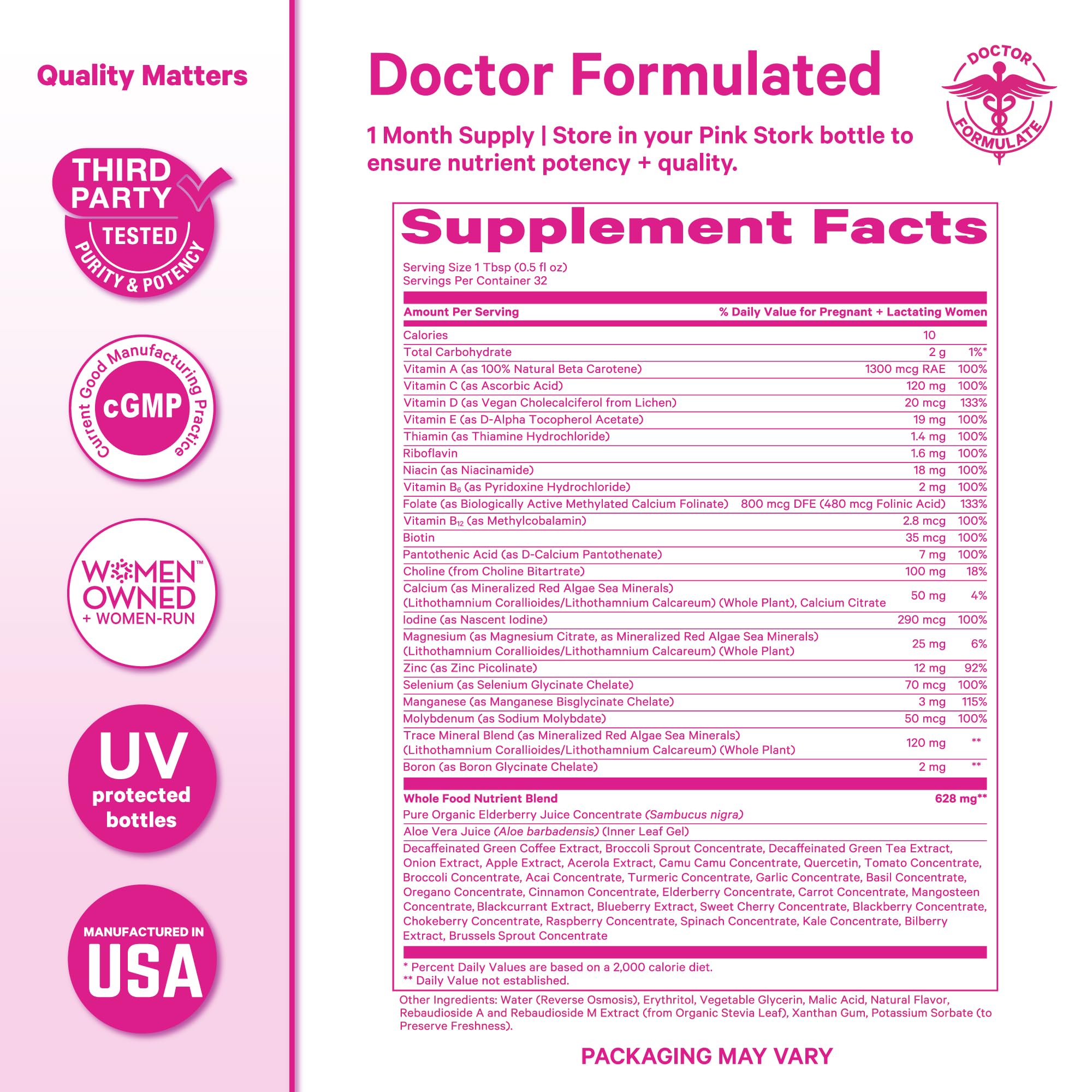 Pink Stork Liquid Prenatal Berry bottle label highlights clean ingredients.