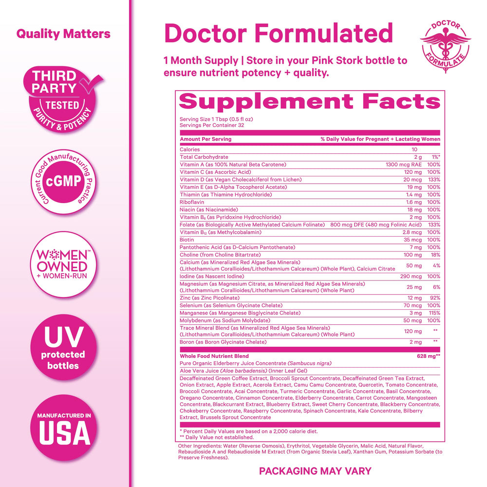 Pink Stork Liquid Prenatal Berry bottle label highlights clean ingredients.
