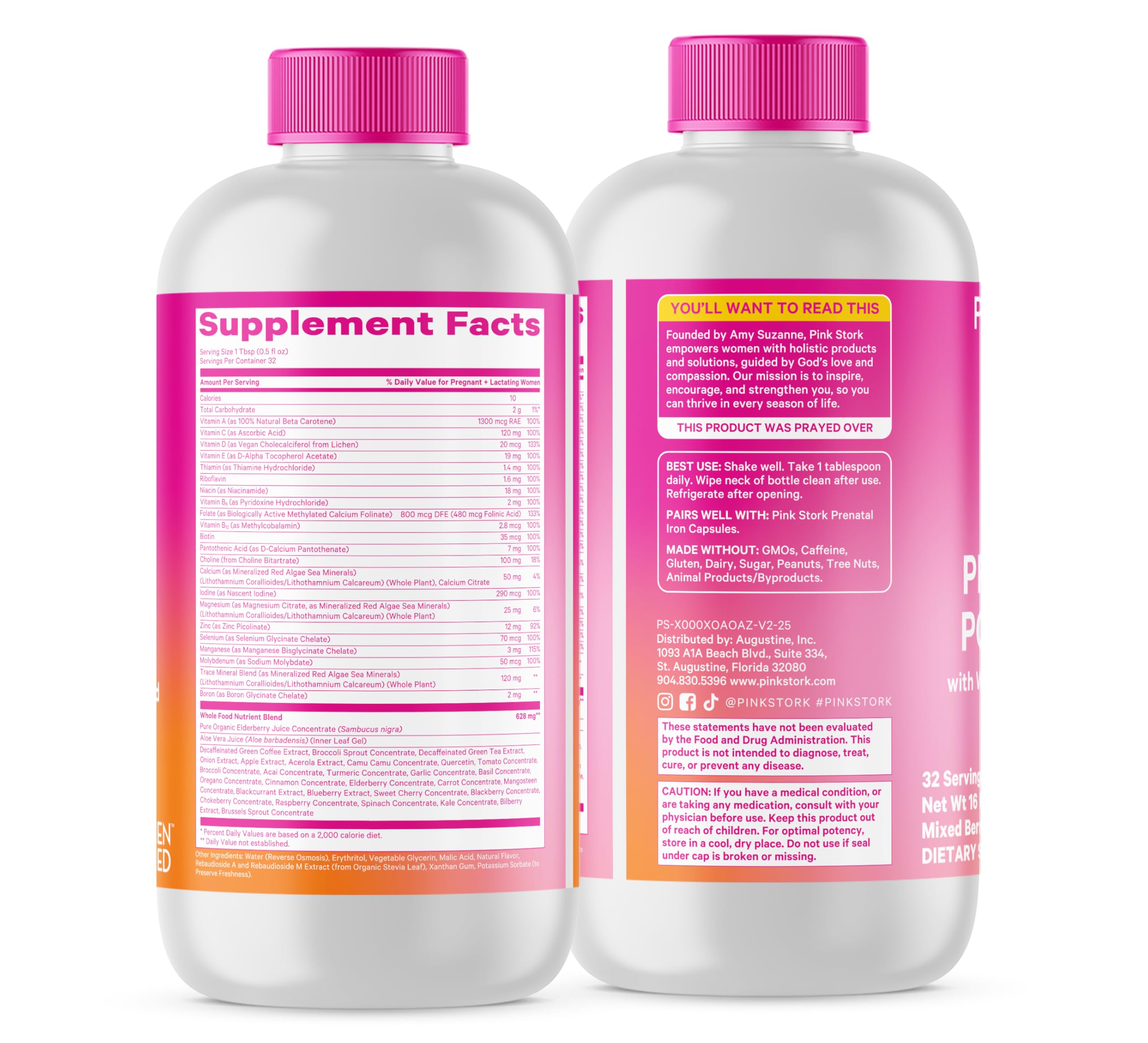 Pink Stork Liquid Prenatal Berry vial shows 32-day supply.