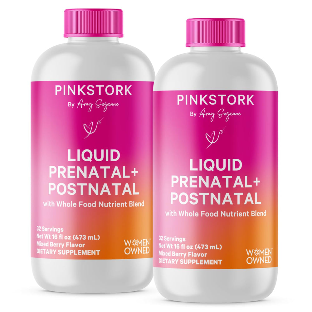 Pink Stork Liquid Prenatal bottle pour for easy daily dosing.