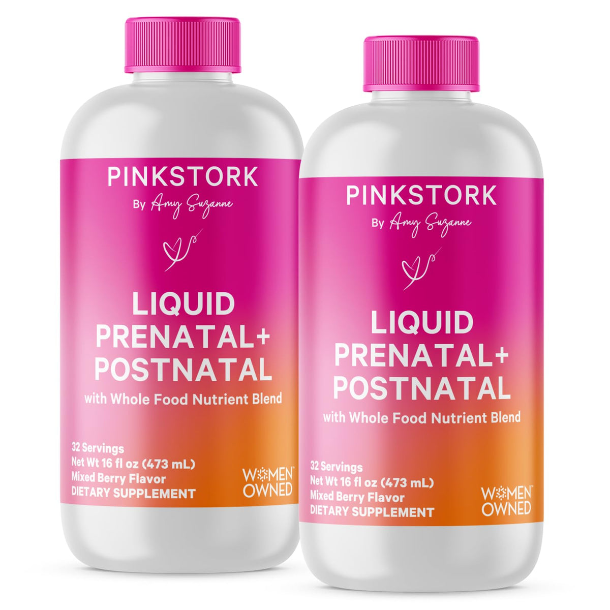 Pink Stork Liquid Prenatal bottle pour for easy daily dosing.