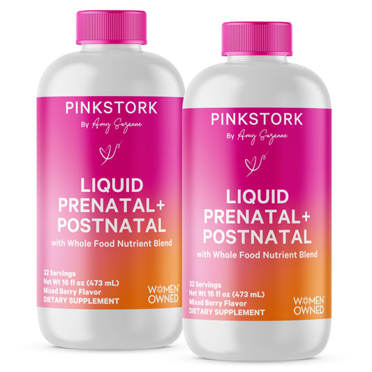 Pink Stork Liquid Prenatal bottle pour for easy daily dosing.