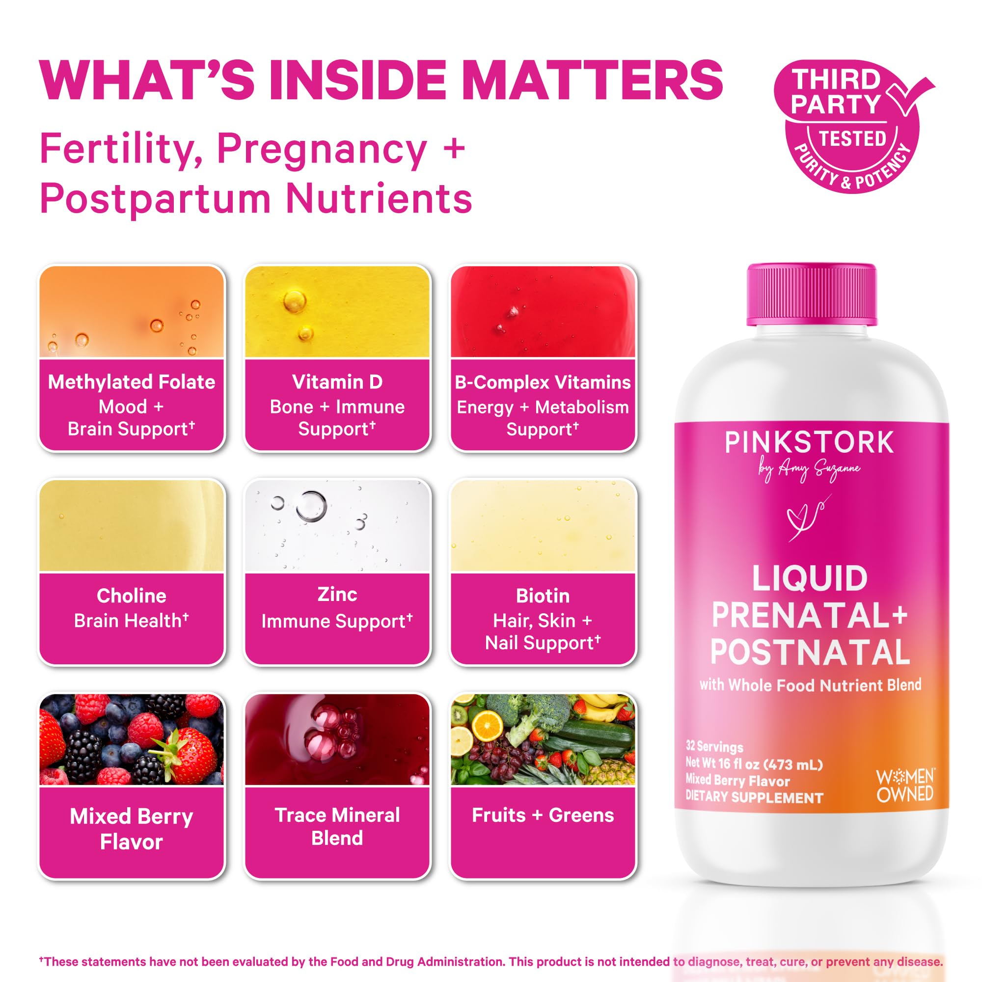 Pink Stork Liquid Prenatal bottle side view with clear label.