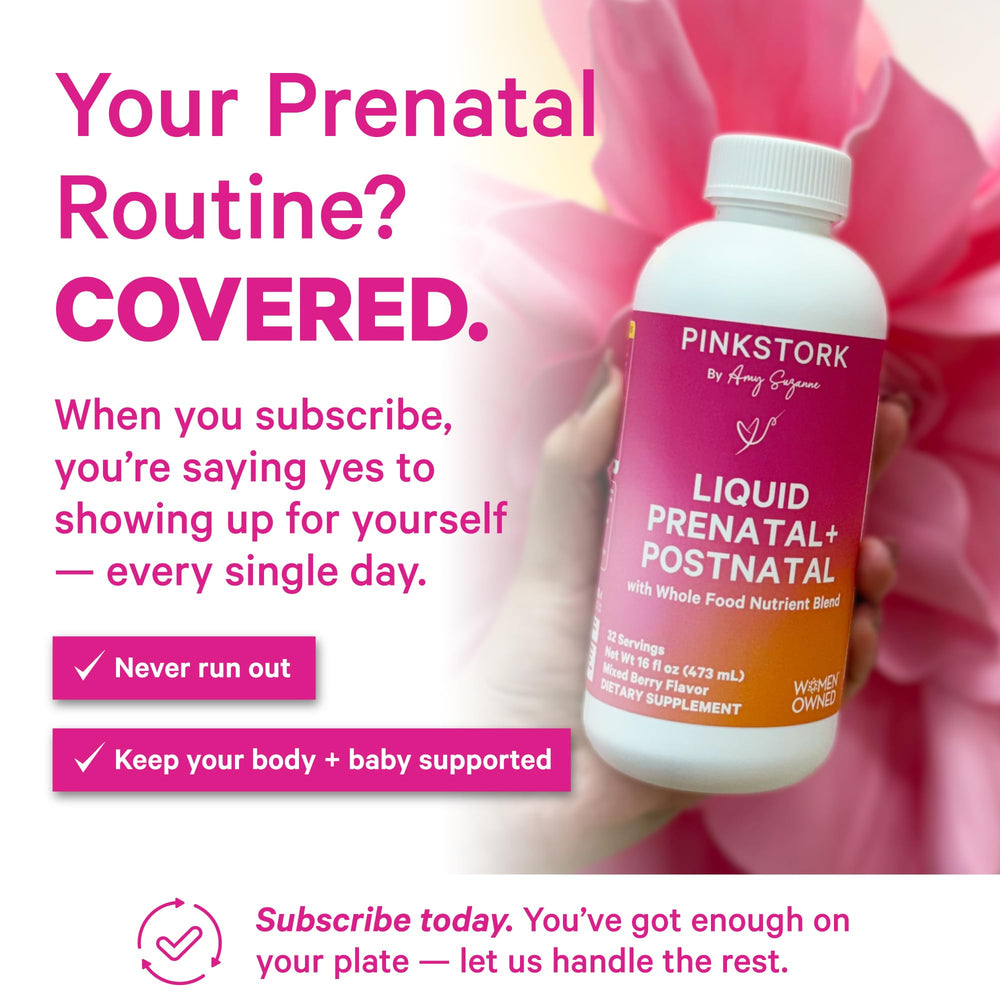 Pink Stork Liquid Prenatal glass with mixed beverage showing easy integration.