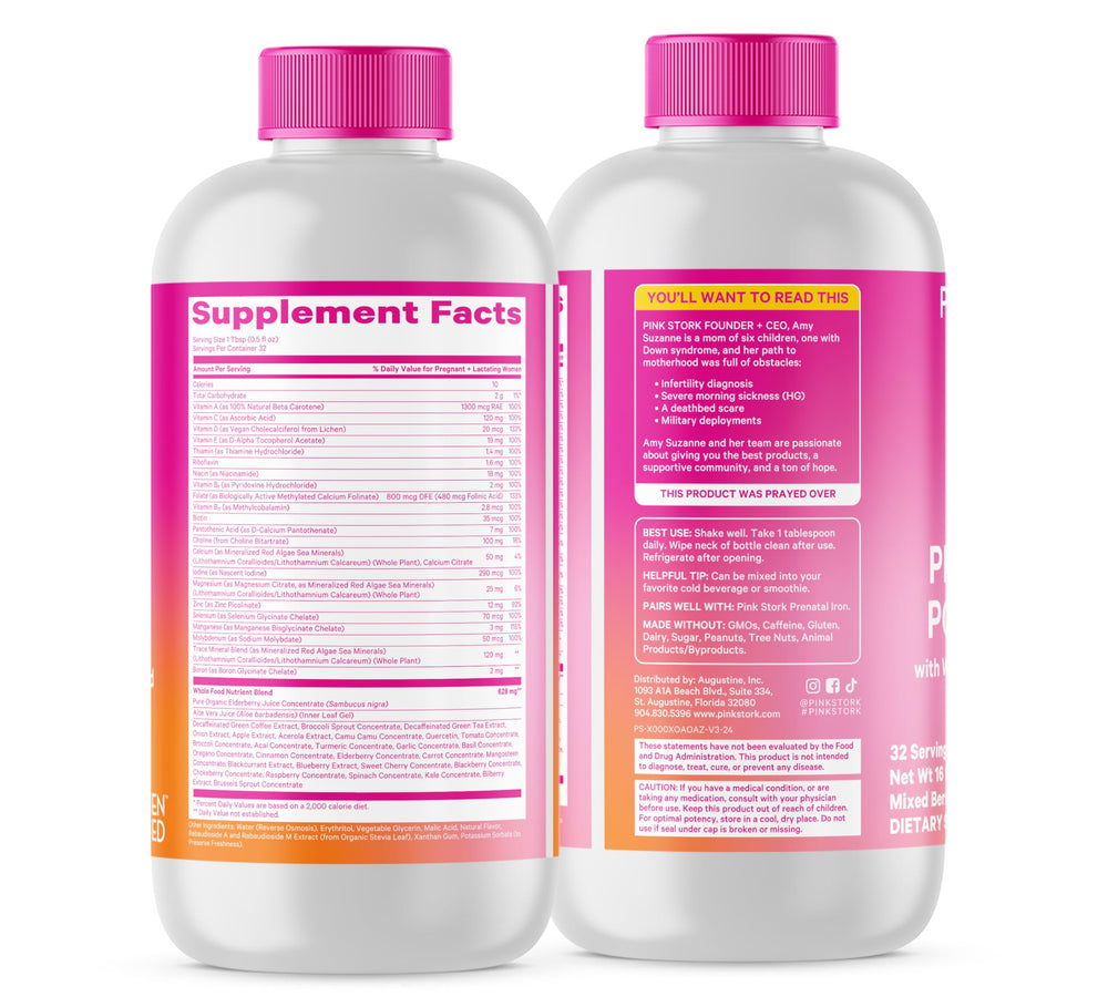 Pink Stork Liquid Prenatal on countertop for daily ritual.
