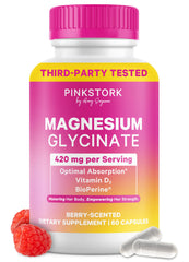 Pink Stork Magnesium Glycinate bottle front with berry essence for calm support.