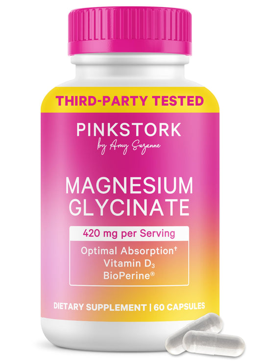 Pink Stork Magnesium Glycinate bottle supports daily calm and restful sleep.