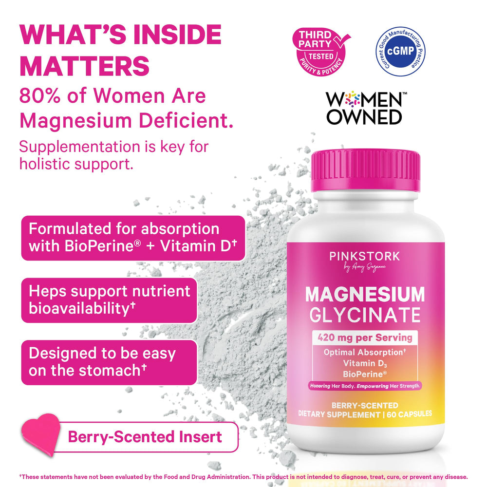 Pink Stork magnesium glycinate capsules pouring into hand for daily health.
