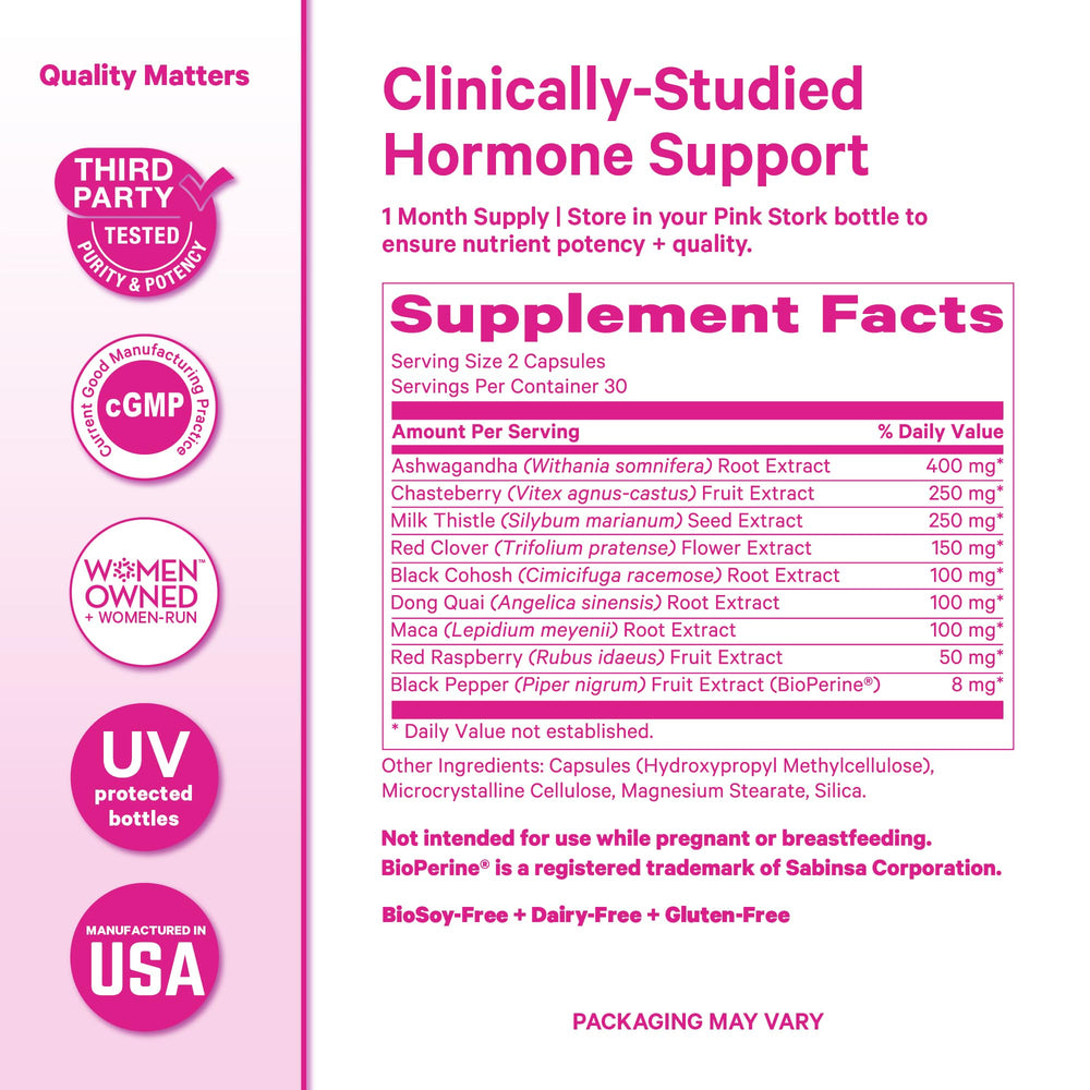 Pink Stork Menopause ashwagandha-maca bottle promotes herbal balance for resilience