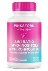 Pink Stork Myo-Inositol capsules bottle supports hormonal balance and ovulation.