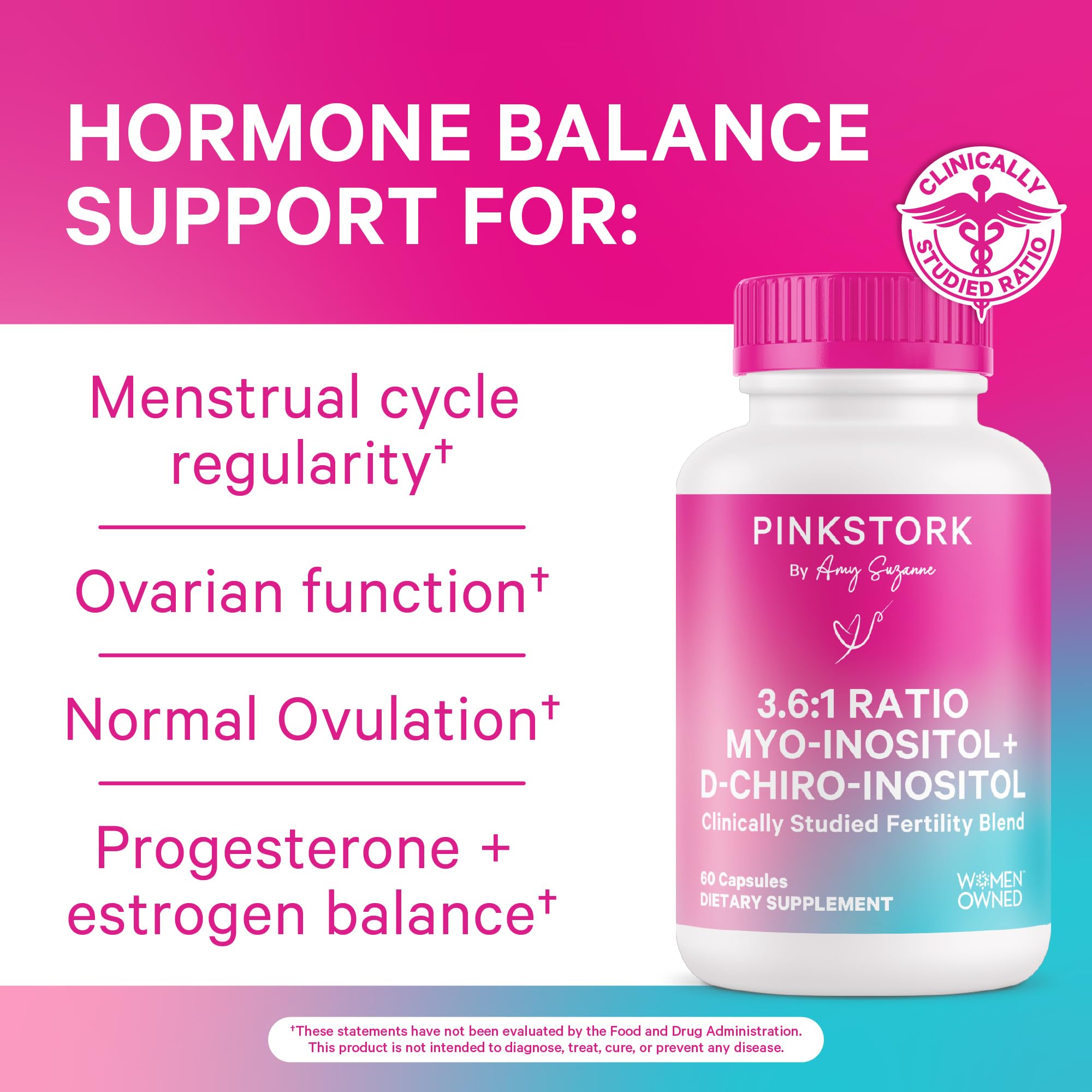 Pink Stork Myo-Inositol bottle label shows clean, allergen-free formulation.