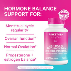 Pink Stork Myo-Inositol bottle label shows clean, allergen-free formulation.