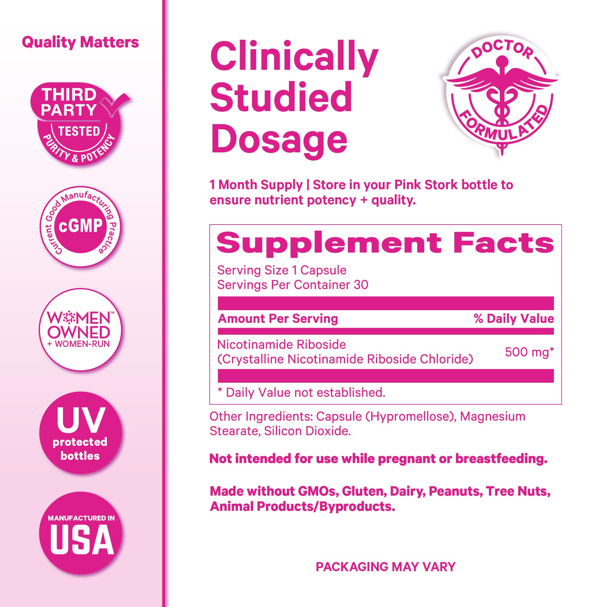 Pink Stork NAD+ vegan non-GMO icon on label