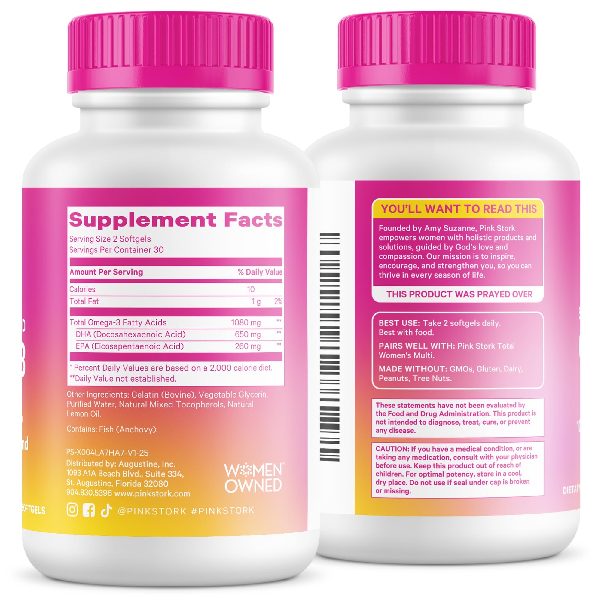 Pink Stork Omega-3 bottle showcases cGMP-certified quality.