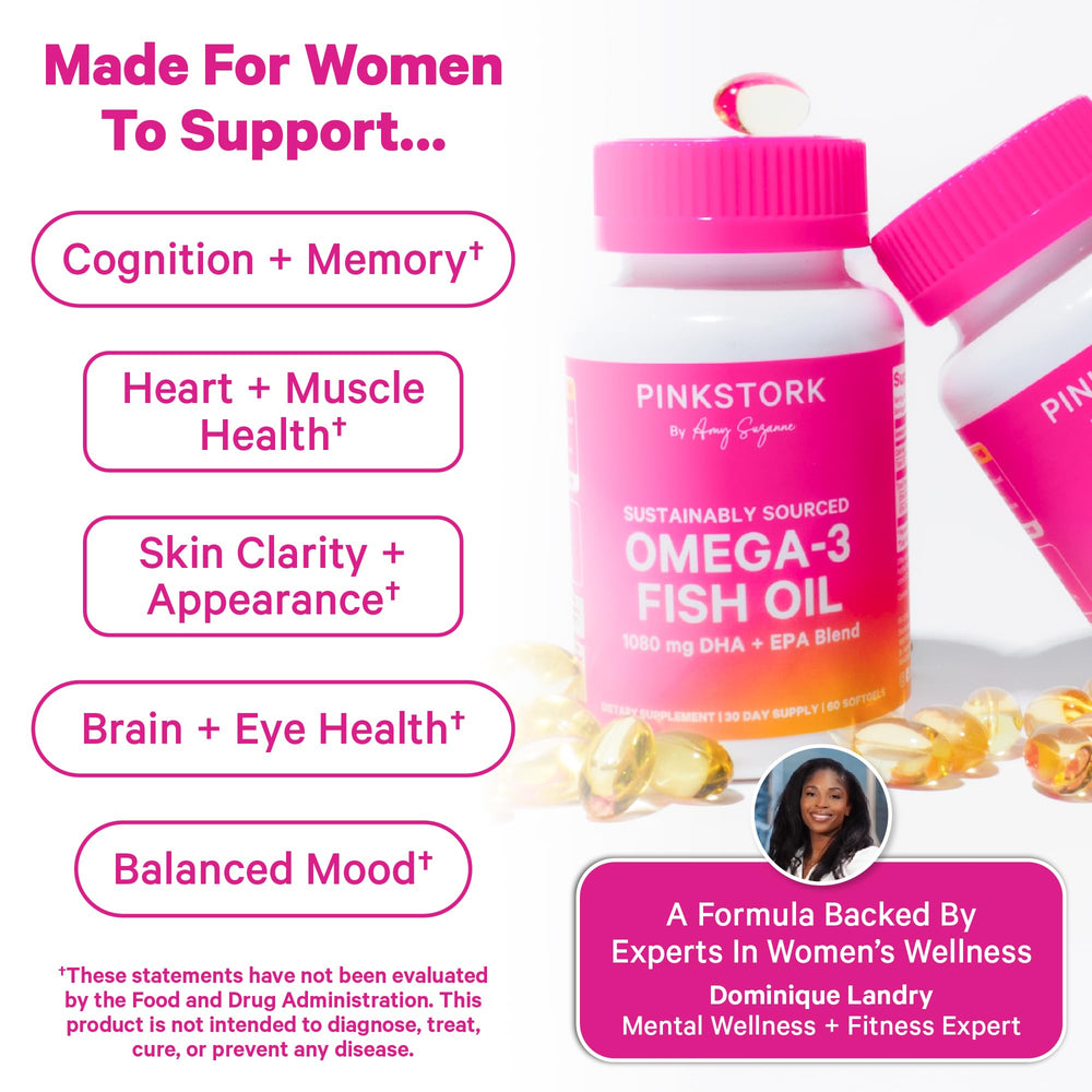 Pink Stork Omega-3 bottle label demonstrates DHA and EPA content.