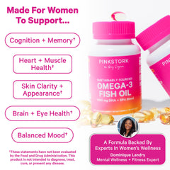 Pink Stork Omega-3 bottle label demonstrates DHA and EPA content.