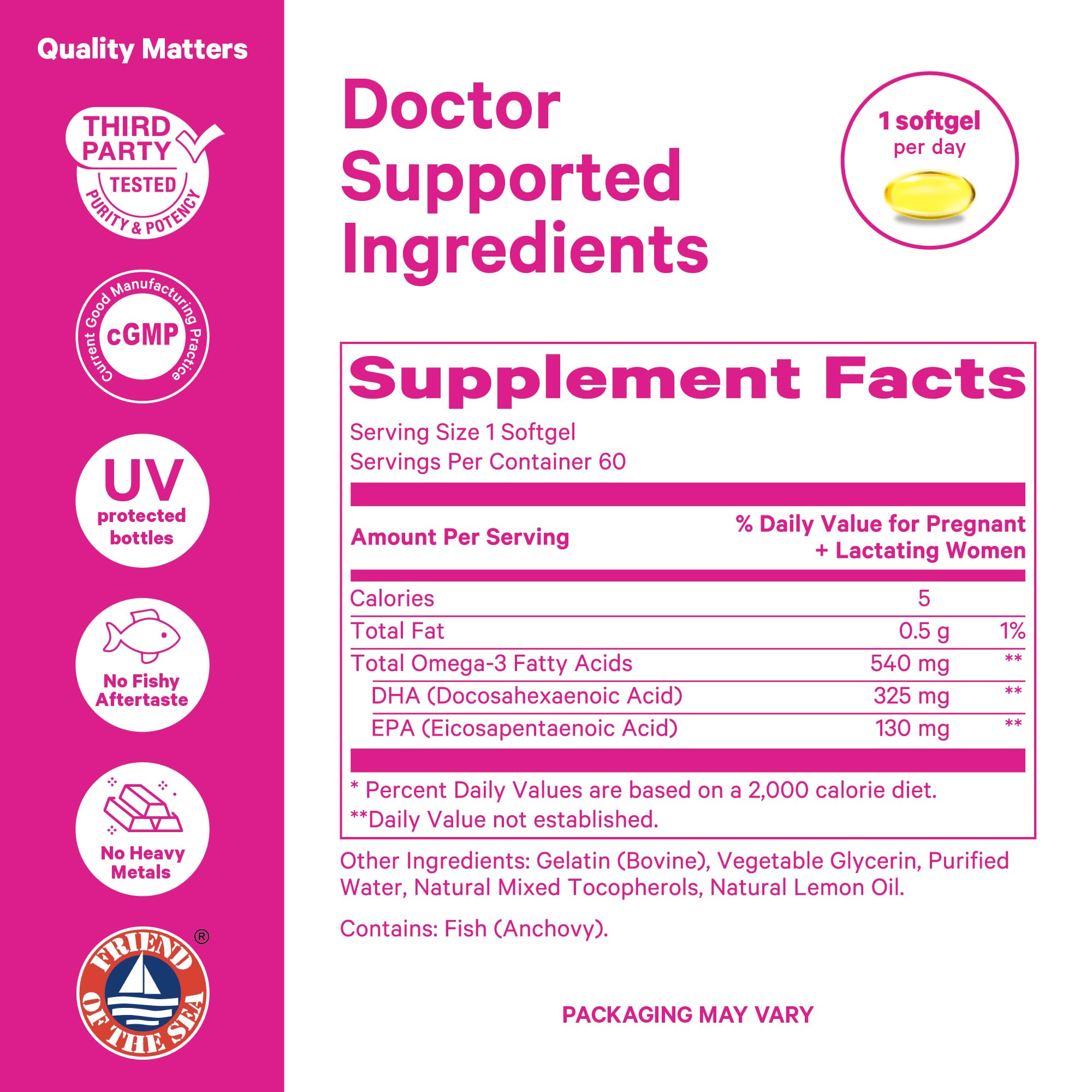Pink Stork Omega-3 DHA bottle placed on kitchen counter for easy daily routine