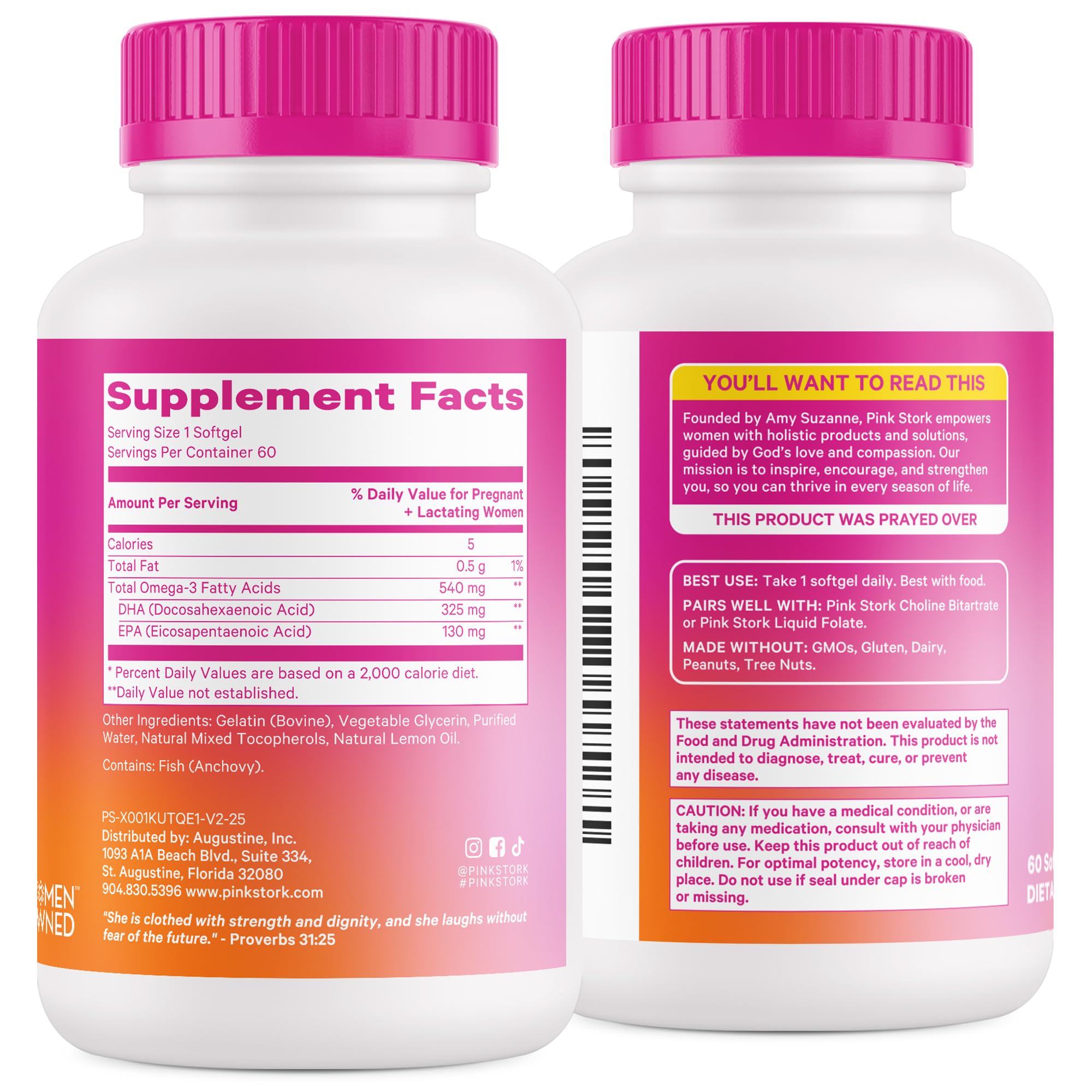Clean, simple Pink Stork fish oil softgels ready for daily intake