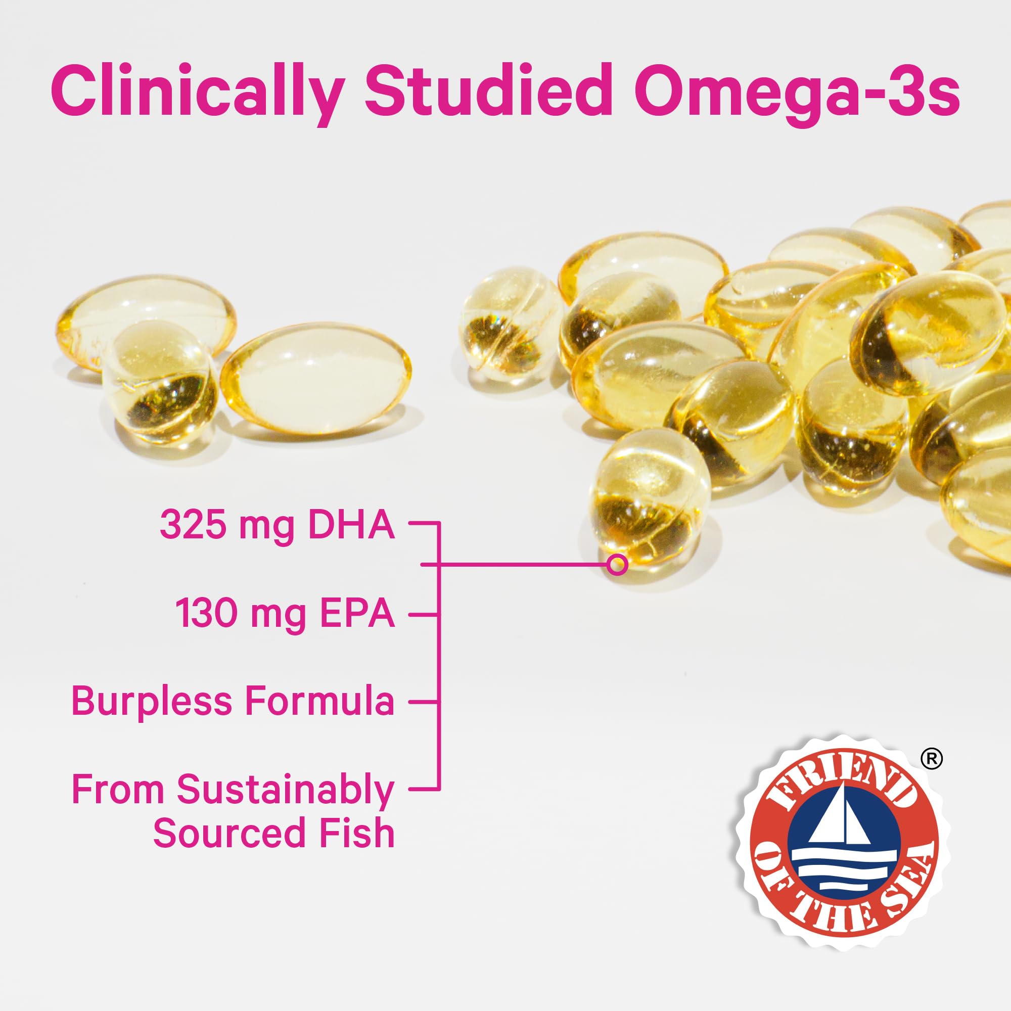Close look at the DHA and EPA label on Pink Stork Omega-3 DHA bottle
