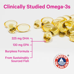 Close look at the DHA and EPA label on Pink Stork Omega-3 DHA bottle