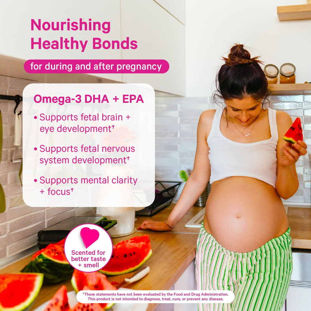 Softgels from Pink Stork Omega-3 DHA shown up close for daily prenatal use
