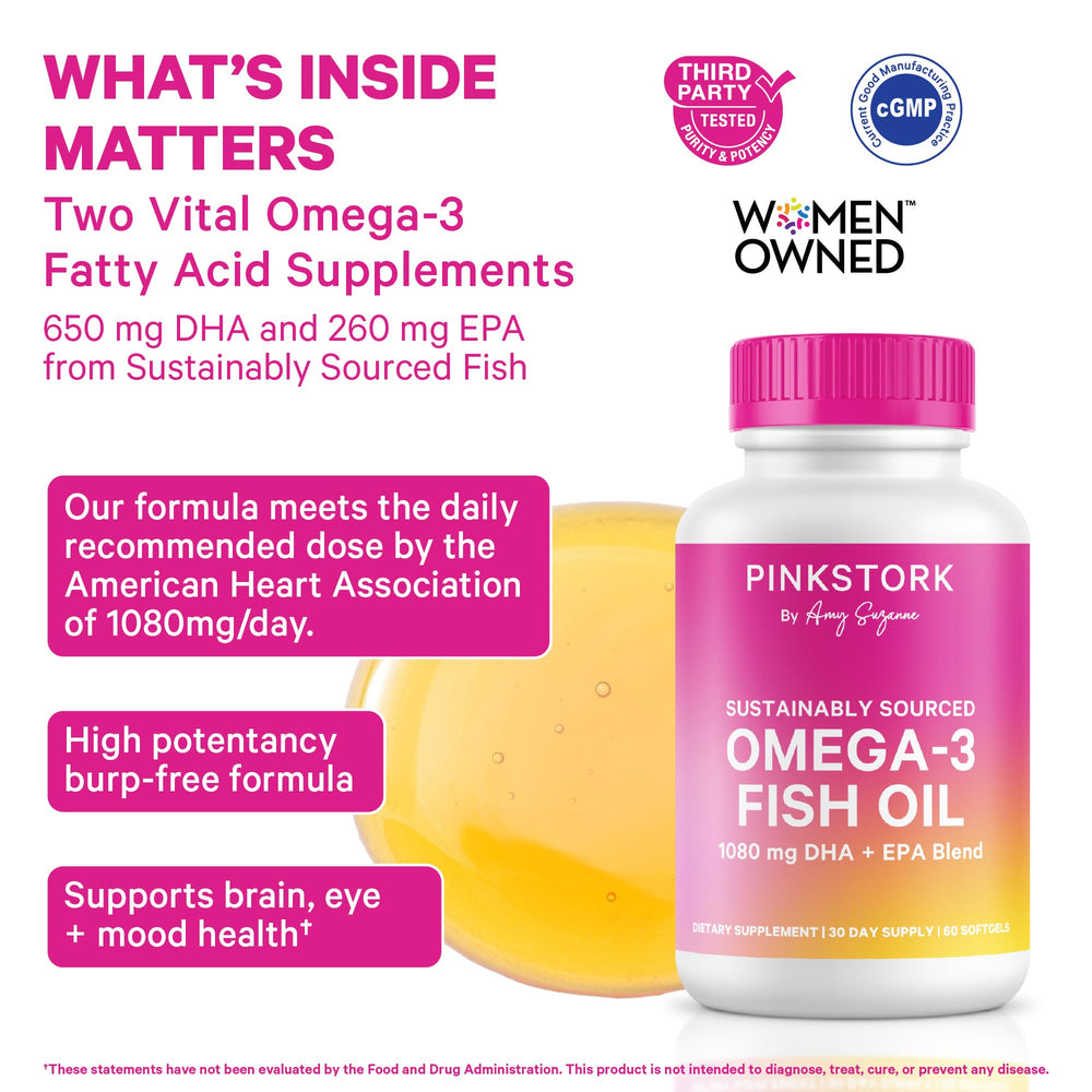Pink Stork Omega-3 softgel close-up highlights berry scent and smooth swallow.
