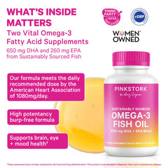Pink Stork Omega-3 softgel close-up highlights berry scent and smooth swallow.