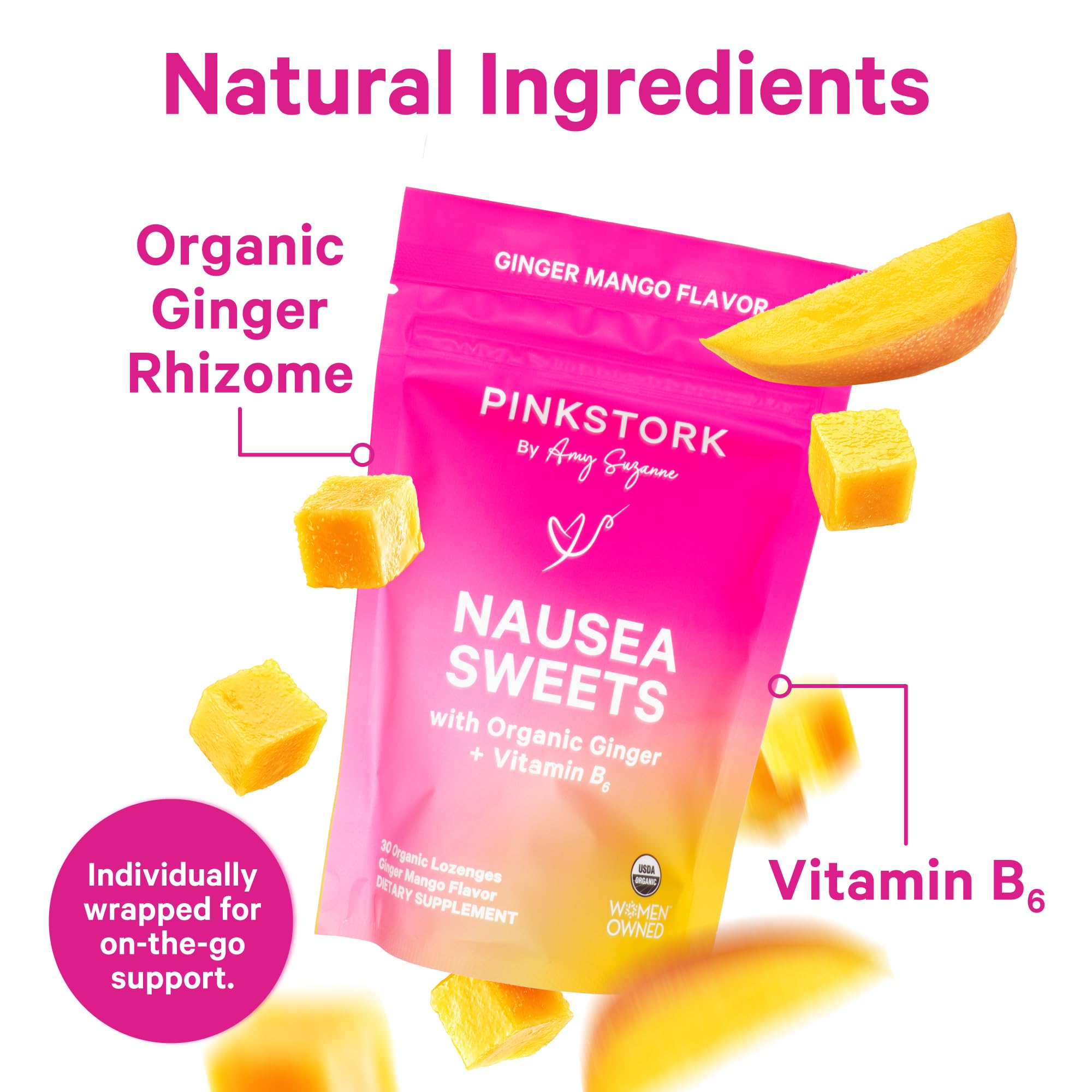 Pink Stork mango-ginger lozenges offer tropical flavor and digestive comfort.
