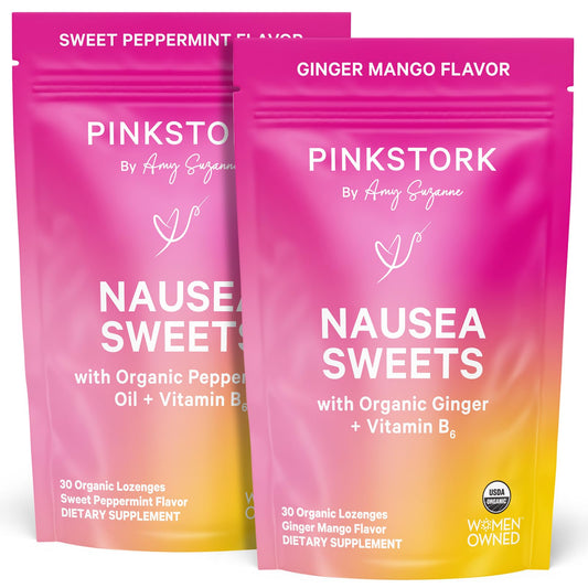 Pink Stork Organic Sweets bundle packaging shown for first-trimester support.