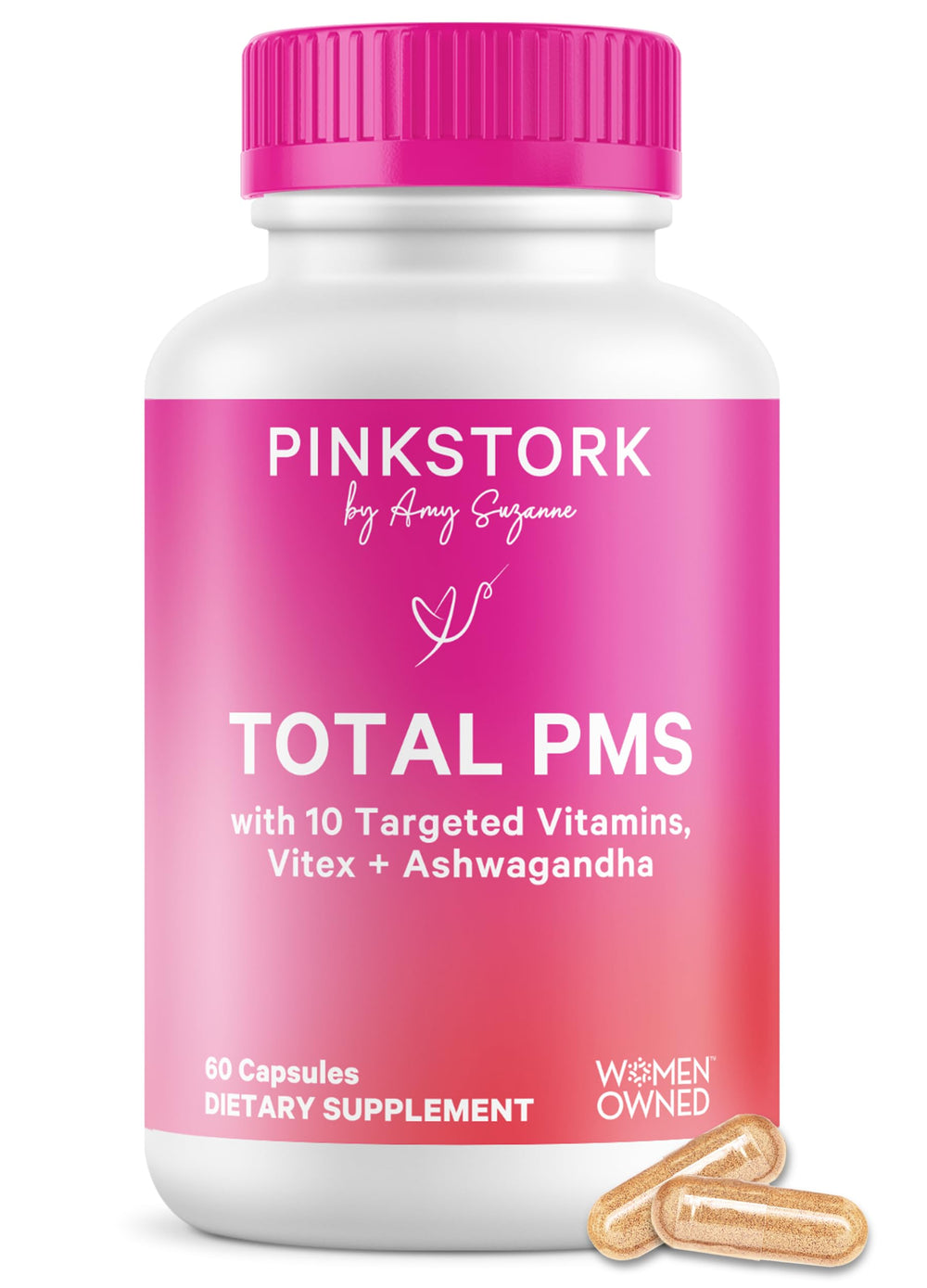 Pink Stork PMS bottle capsules for hormone balance and mood support.