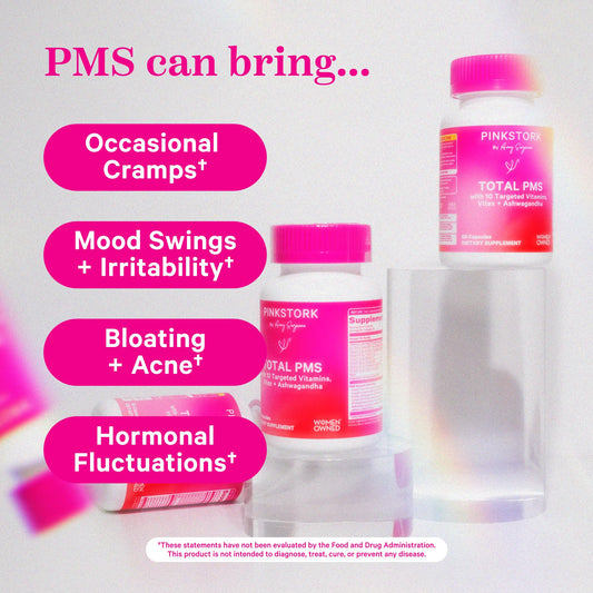 Pink Stork PMS ingredients featuring Vitex and Dong Quai for balanced cycle support.