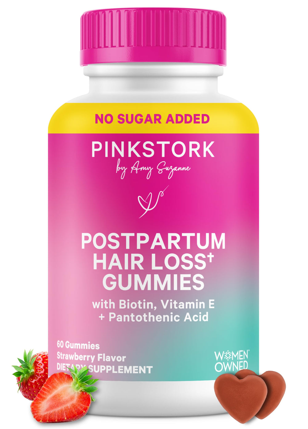 Pink Stork Postpartum Hair Loss Gummies bottle for daily postnatal support.
