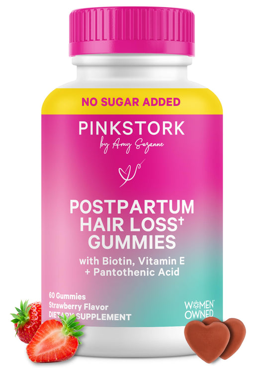 Pink Stork Postpartum Hair Loss Gummies bottle for daily postnatal support.