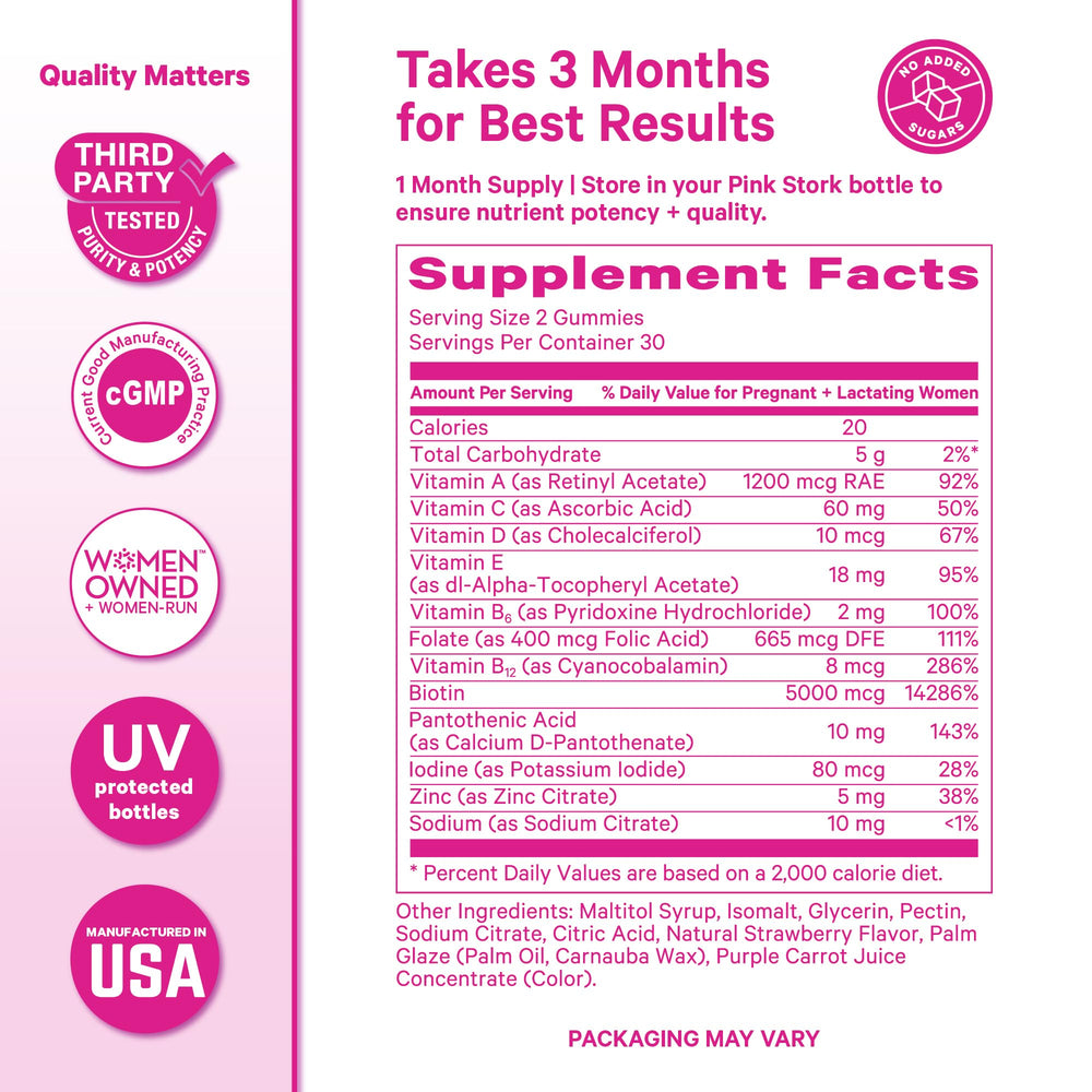 Gummies beside skincare items suggesting skin and nail support with Pink Stork.
