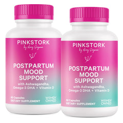 Pink Stork Postpartum Mood Support bottle with capsules for mood balance.