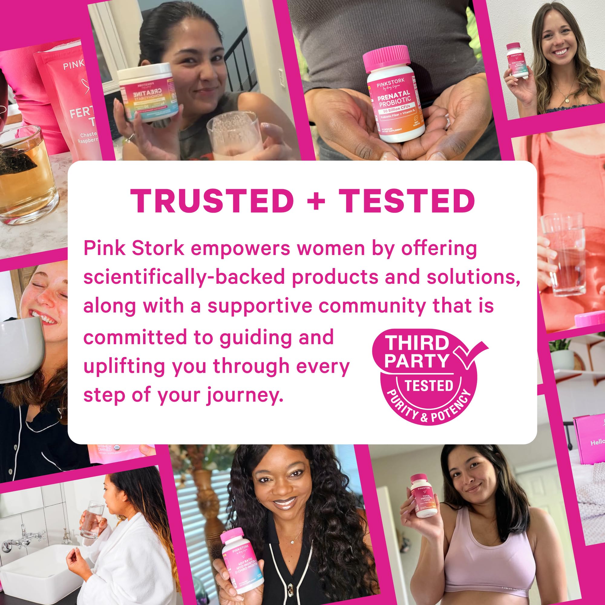 Pouring Pink Stork mood support capsules from the bottle.