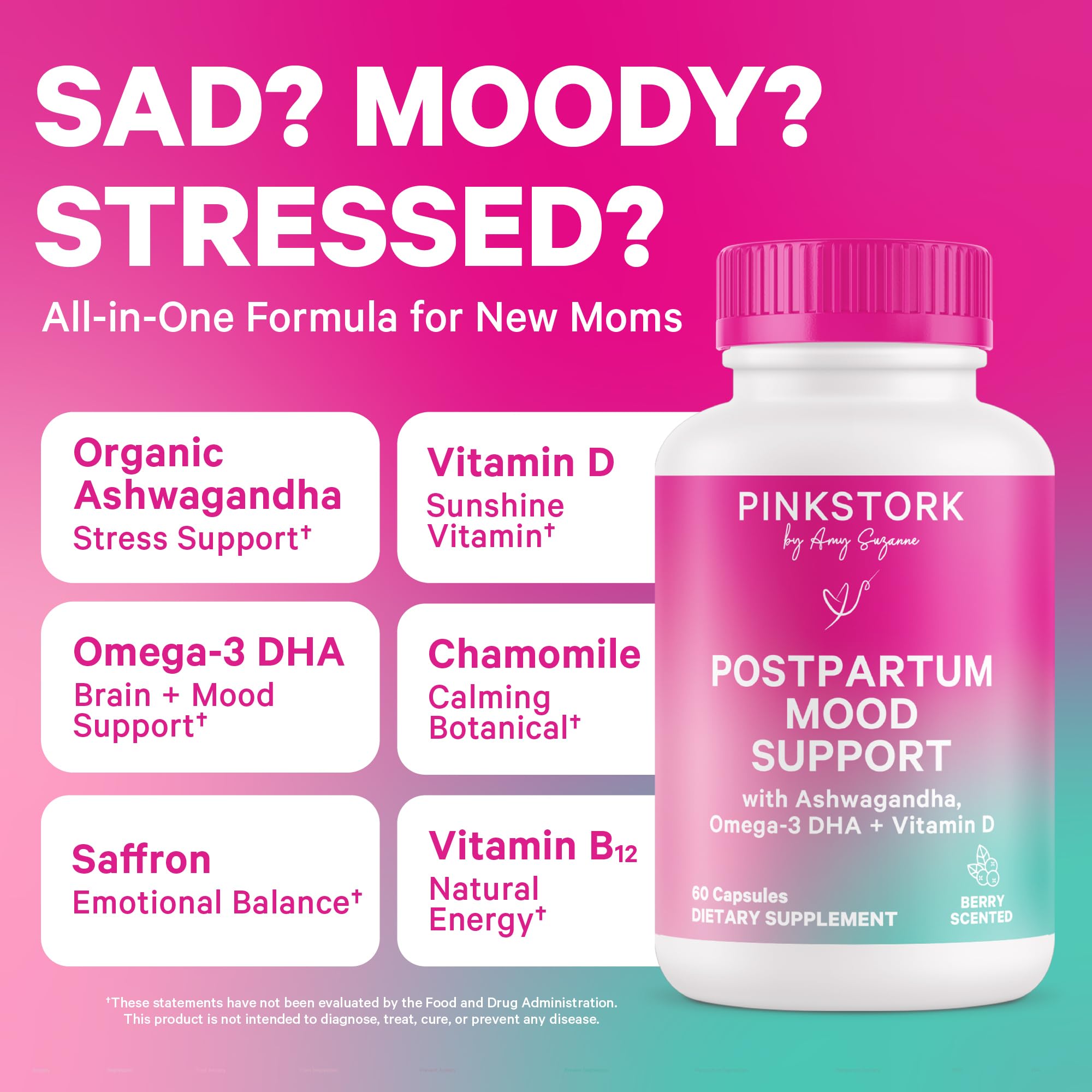 Closeup of Pink Stork Postpartum Mood Support capsules for easy daily intake